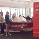 The original Hamilton Jet 30 being admired at Queenstown Airport by (L to R) Molly Woodham, Sophie Woodham, Marsha Gillan and Katie Molloy