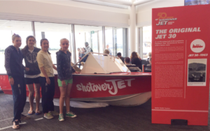 The original Hamilton Jet 30 being admired at Queenstown Airport by (L to R) Molly Woodham, Sophie Woodham, Marsha Gillan and Katie Molloy